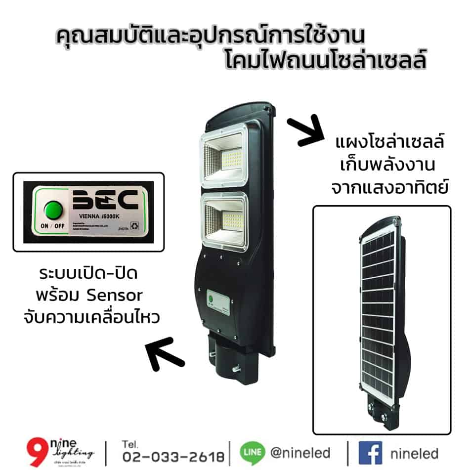อุปกรณ์และคุณสมบัติ โคมไฟถนนโซล่าเซลล์ LED 60W BEC VIENNA