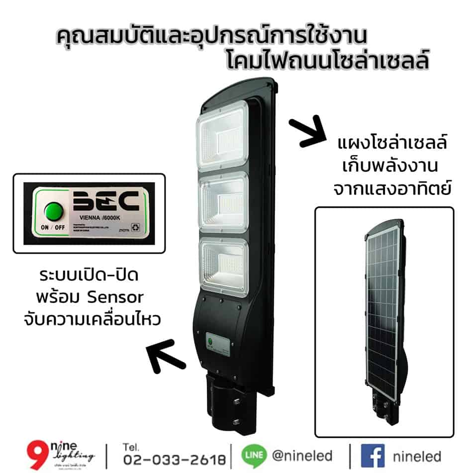 อุปกรณ์และคุณสมบัติ โคมไฟถนนโซล่าเซลล์ LED 90W BEC VIENNA