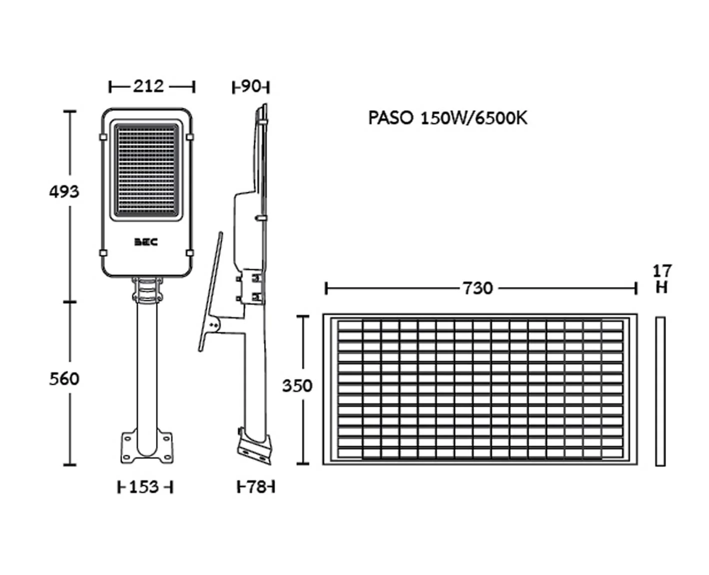 โคมไฟถนนโซล่าเซลล์ LED 150W BEC PASO - Image 3