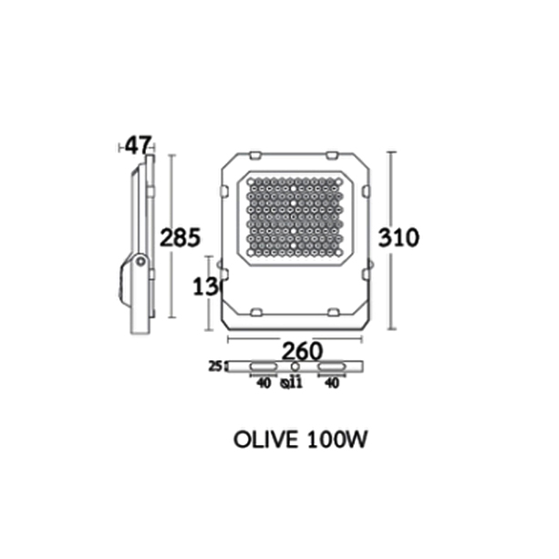 ขนาดสปอร์ตไลท์ LED 100W BEC OLIVE