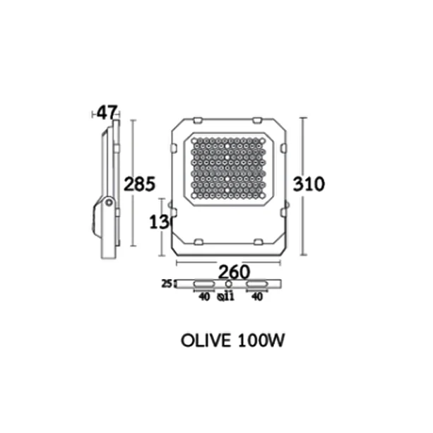 ขนาดสปอร์ตไลท์ LED 100W BEC OLIVE ขนาดสปอร์ตไลท์ LED 100W BEC OLIVE