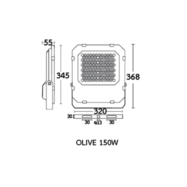 ขนาดสปอร์ตไลท์ LED 150W BEC OLIVE ขนาดสปอร์ตไลท์ LED 150W BEC OLIVE