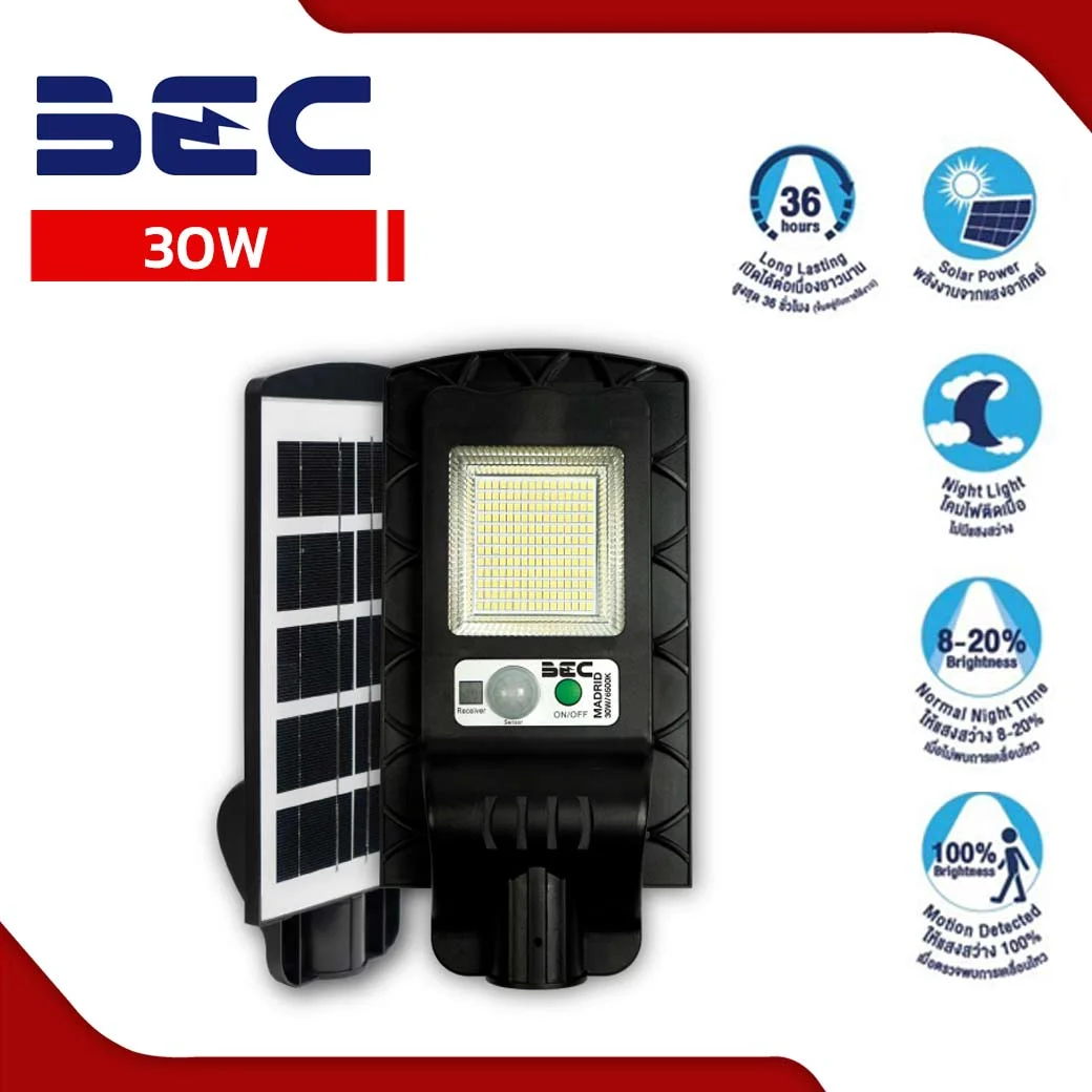 โคมไฟถนนโซล่าร์เซลล์ LED BEC MADRID (มาดริด) 30W