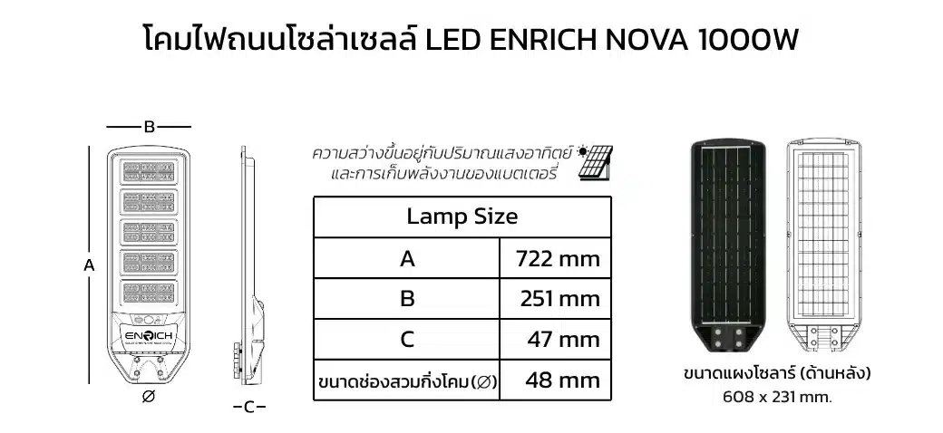 ขนาดสินค้า-โคมไฟถนนโซล่าเซลล์ LED ENRICH NOVA STREETLIGHT