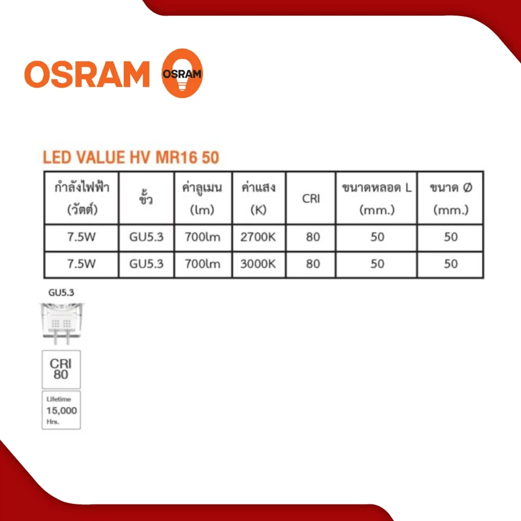 หลอดไฟ LED MR16 7.5W OSRAM รุ่น VALUE HV - Image 2