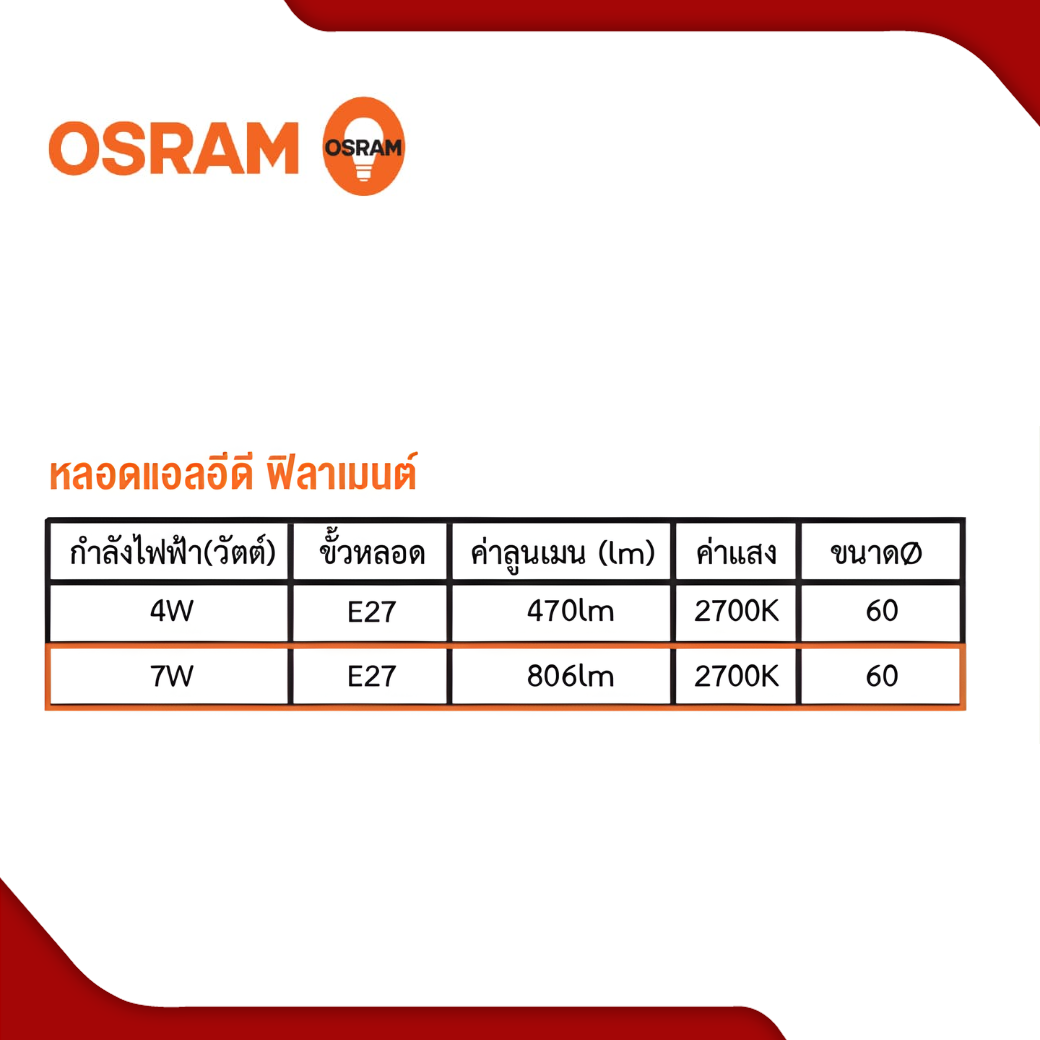 หลอดไฟ LED 7W OSRAM รุ่น FILAMENT CLASSIC