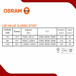 หลอดไฟสติ๊ก 9W OSRAM รุ่น VALUE CLASSIC STICK