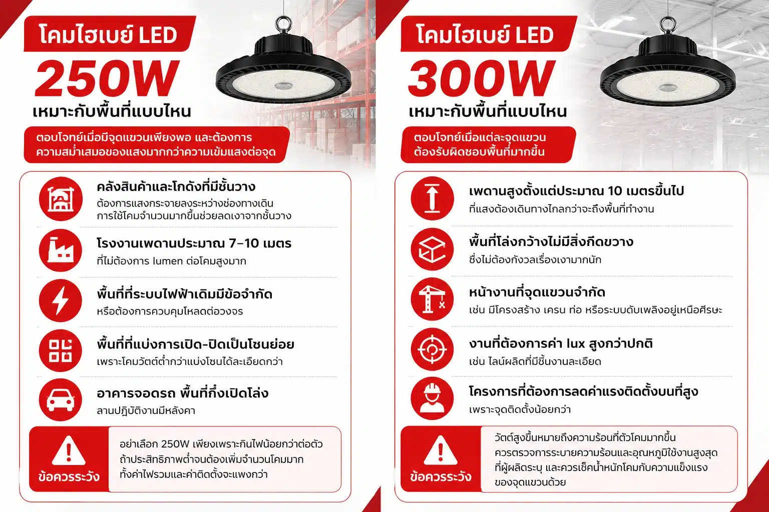 สรุปโคมไฮเบย์ 250W และ 300W เหมาะกับพื้นที่แบบไหน